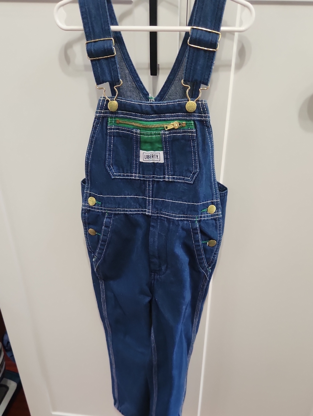 NWT Liberty Blue Denim Overalls with Green Zip Pocket UNISEX SZ 6 KIDS